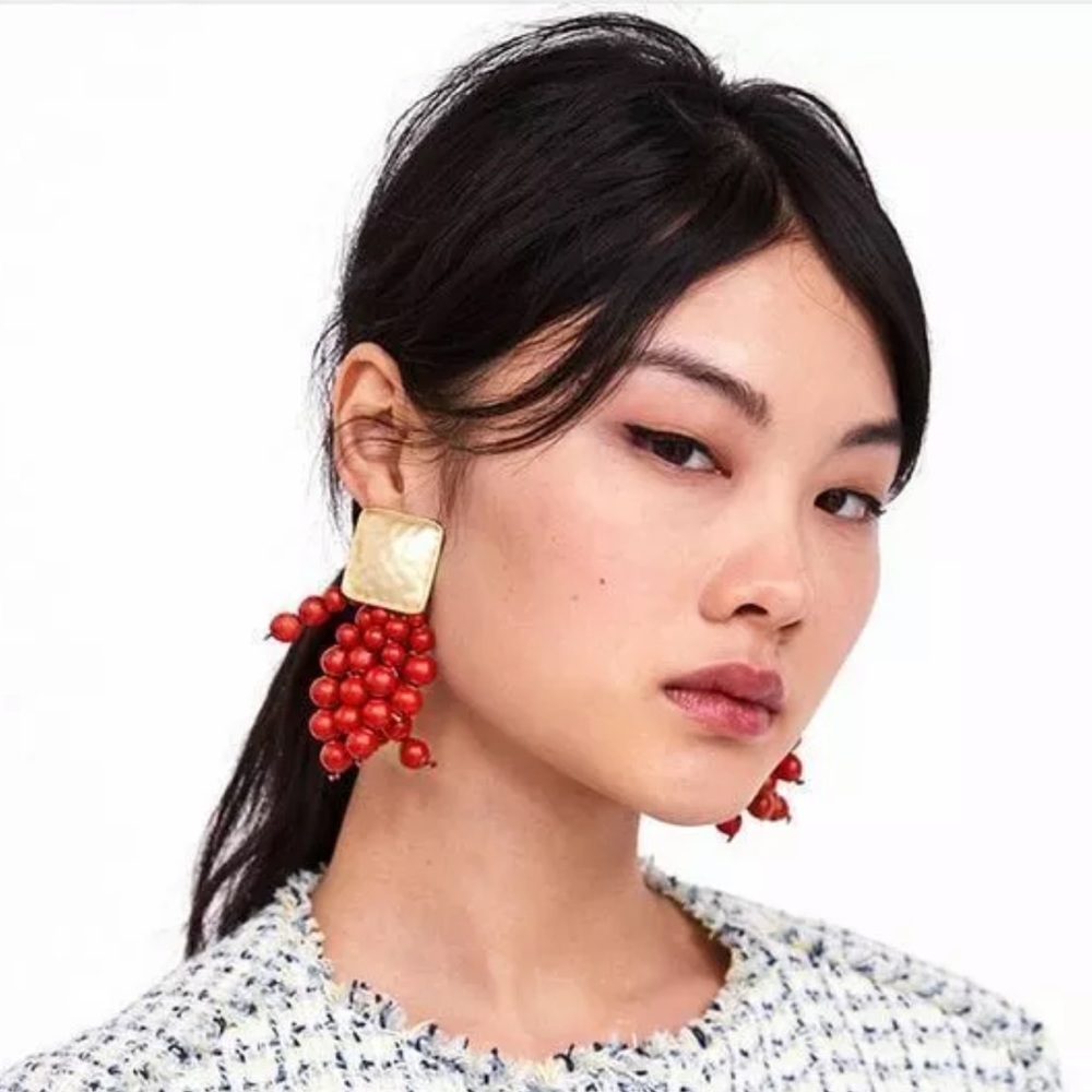 Red Beaded Drop Earrings - Picture 7 of 8